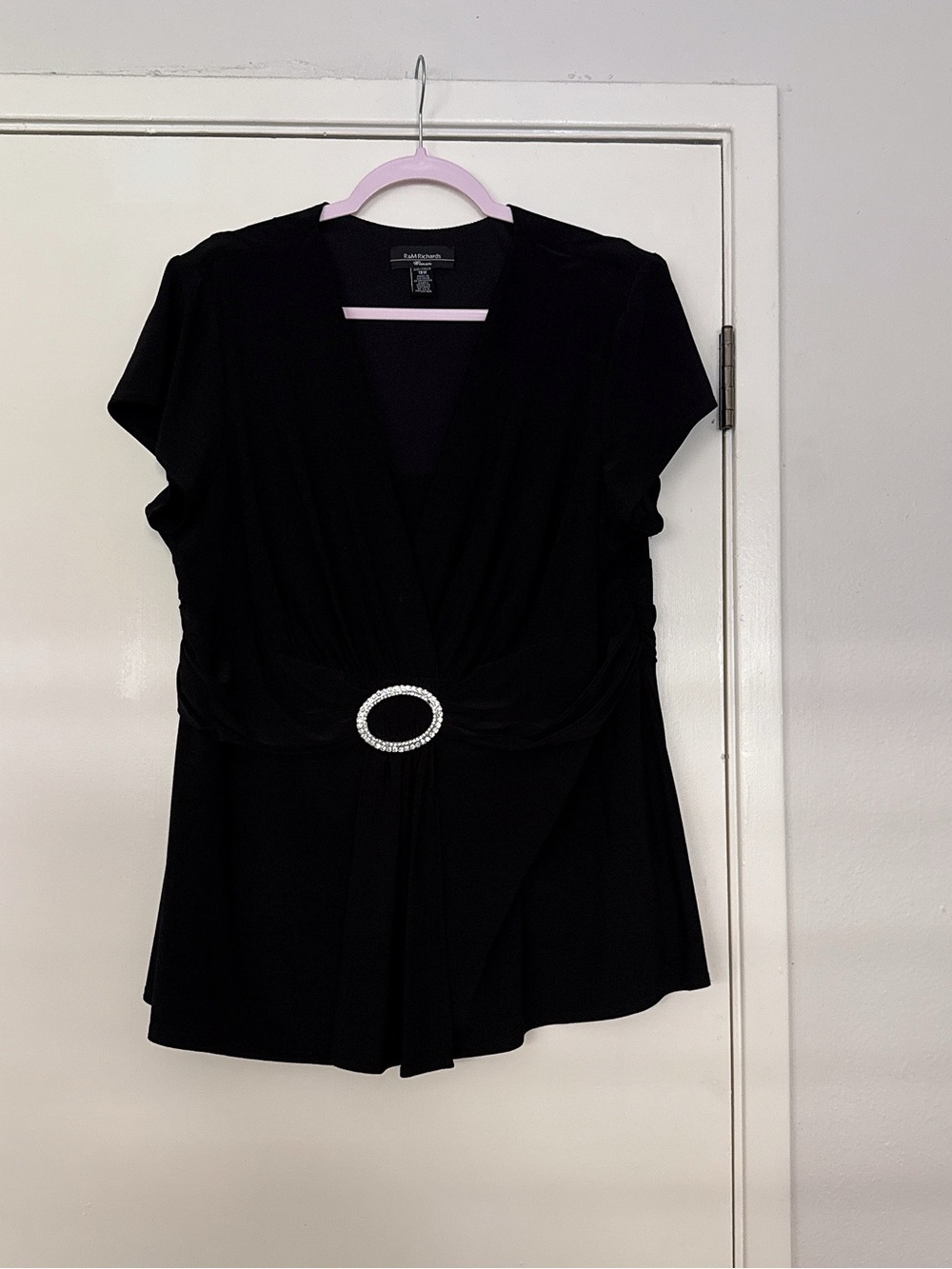 R&M Richards Black Short-Sleeve V-Neck Top with Rhinestone Oval Accent